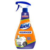 Asevi - Degreaser Trigger Spray (750ml) is a powerful kitchen degreaser with an easy-to-use spray nozzle, labeled for removing grease and grime, featuring images of a stove hood, gloves, and a tire.